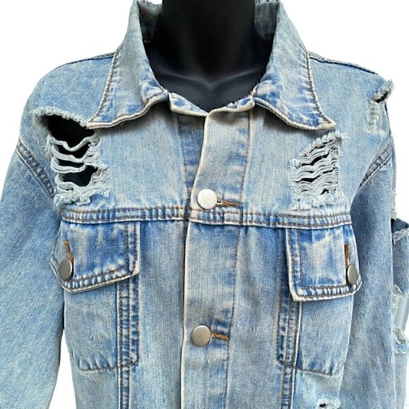Umgee Distressed Oversized Faded Blue Jean Button Up Jacket Women’s L GRUNGE - Picture 2 of 9